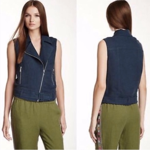 Denim Blue Linen Zip Up Belted Biker Moto Vest - Picture 2 of 3
